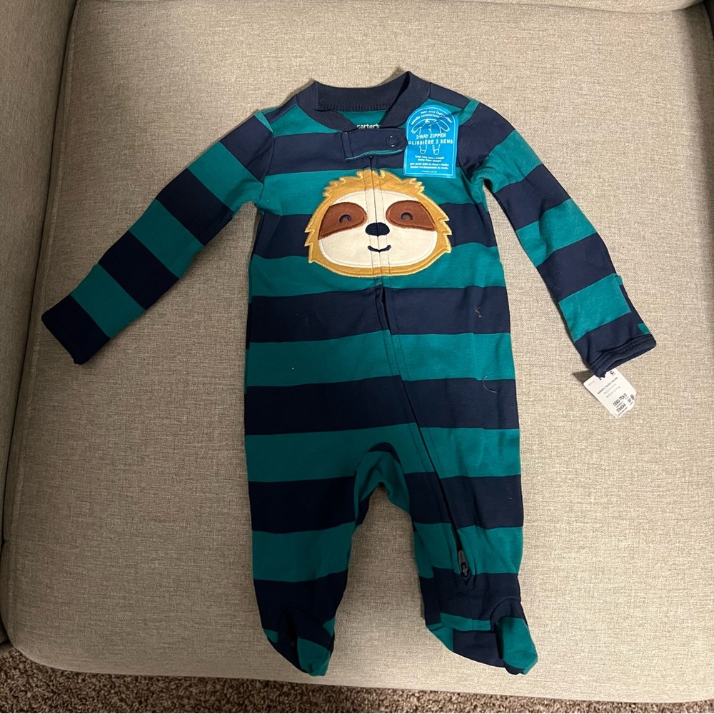 Carter's Blue and Green Footies with Sloth Design